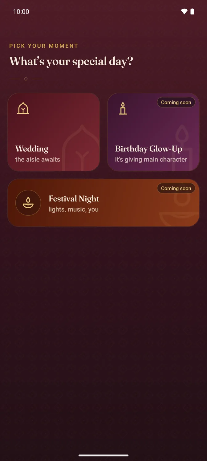 DreamDay Looks app screen — Pick the occasion